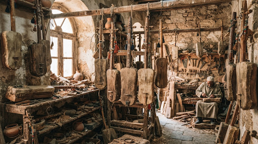 Authentic Essaouira Medina luthier atelier workshop shelves with seasoned wood stocks