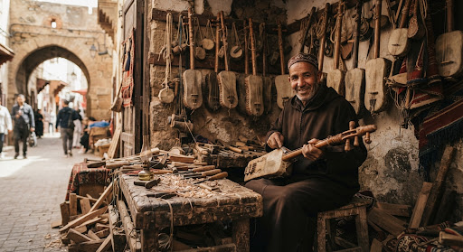Maalem Hassan Laaroussi seated at his ancient wooden workbench in the sunny Bab Doukkala medina street of Essaouira